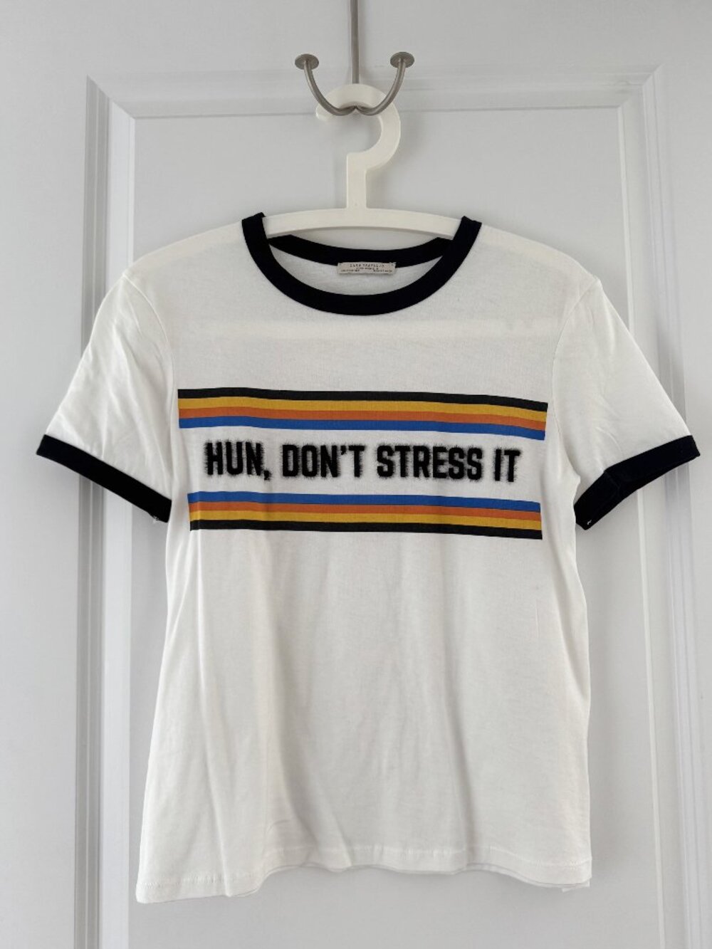 ZARA HUN Don't Stress It Ringer Tee – White – Size S – NWOT